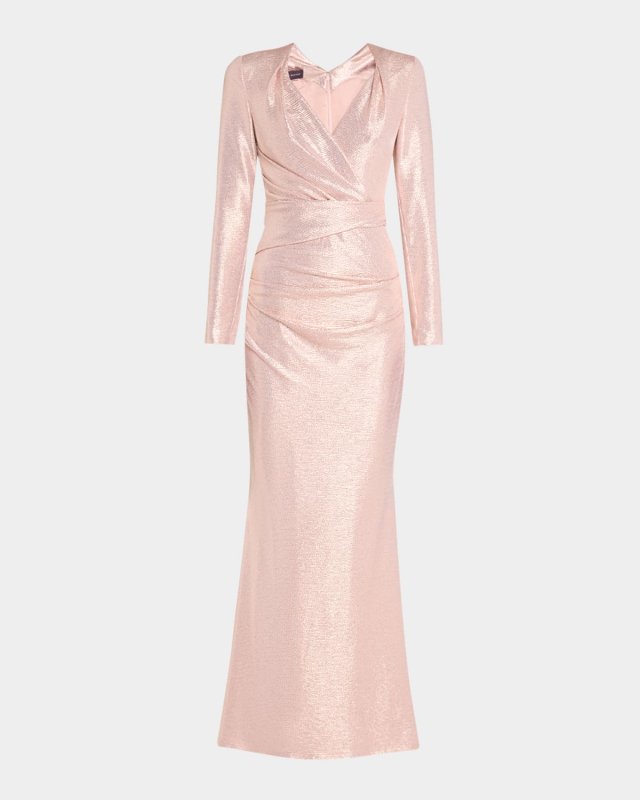 Draped Mirrorball Stretch Long-Sleeve Gown